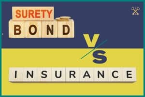 This shows wooden blocks. Surety Bonds in blue and Insurance in yellow. A VS in between