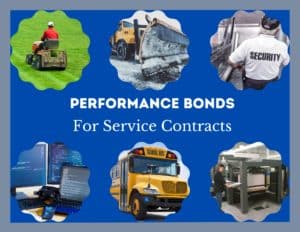 This is 6 images inside shapes. The images are a lawn mower, a snow plow, a security guard, software, a school bus and a commercial printer. The background is blue with a light blue border. A text box reads, " Performance Bonds for Service Contracts"The
