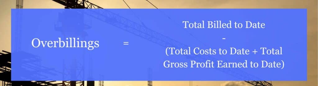 This is the formula to calculate overbillings on a construction project. The background is a construction crane at sunset.