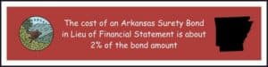This shows the cost of an Arkansas Surety Bond in Lieu of a Financial Statement. The left shows a seal of Arkansas. The right is an outline of the state of Arkansas.