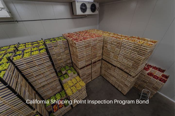 California Shipping Point Inspection Program Bond - Fruits in crates ready for shipping. Cold storage interior.