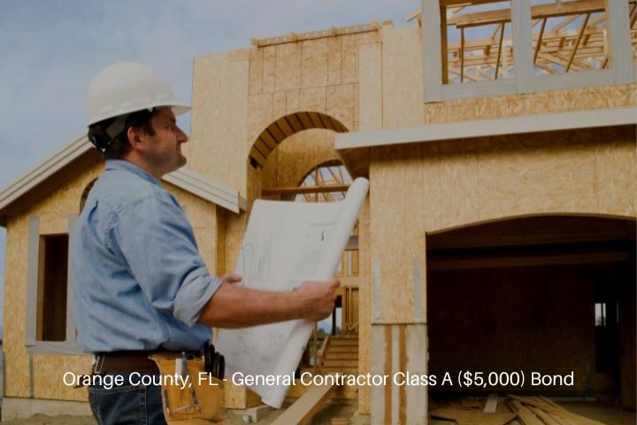Orange County, FL - General Contractor Class A ($5,000) Bond - Construction worker reviewing at set of building plans on construction sites.