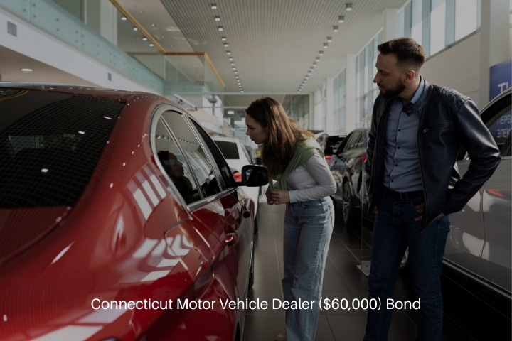 Connecticut Motor Vehicle Dealer ($60,000) Bond - Couple chooses a new car in the showroom car dealership.