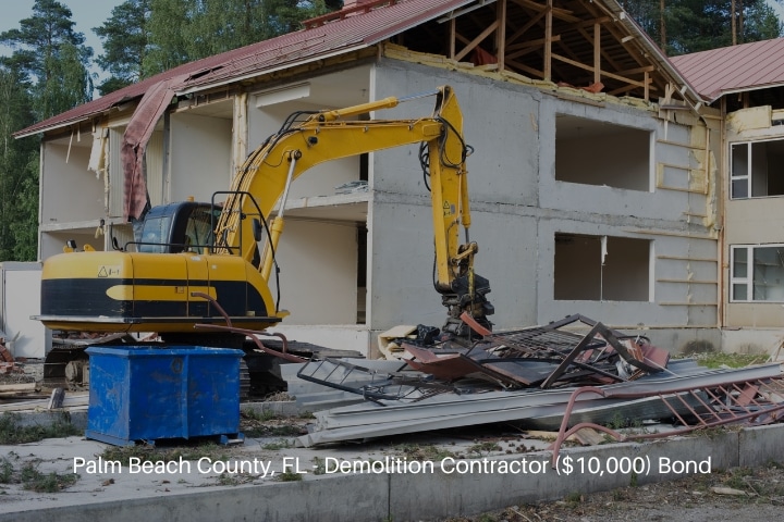 Palm Beach County, FL - Demolition Contractor ($10,000) Bond - Excavator and sharp scrap metal in front of partially demolished house.