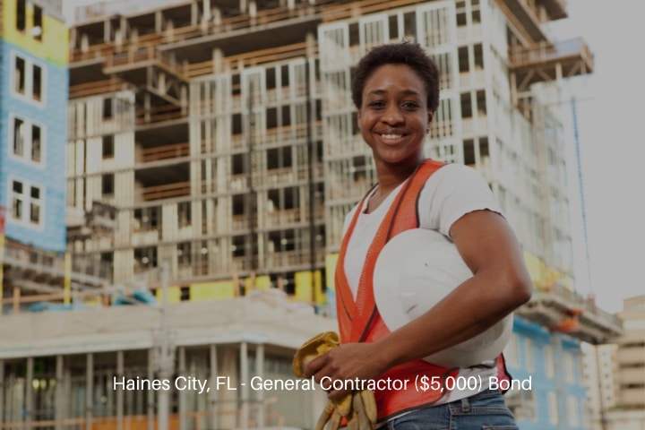 Haines City, FL - General Contractor ($5,000) Bond - Female construction worker in front of a job site.