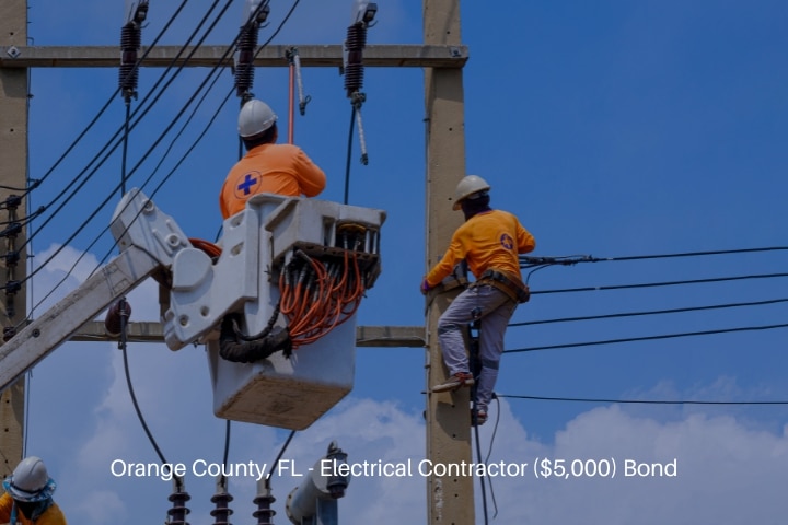 Orange County, FL - Electrical Contractor ($5,000) Bond - Group of electrician with crane truck are working to maintenance, electrical transmission on power poles.