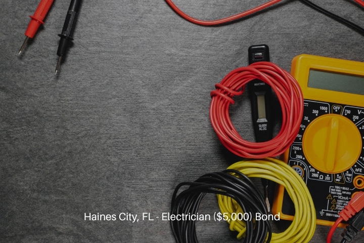 Haines City, FL - Electrician ($5,000) Bond - Multimeter and cables on gray flat lay background.
