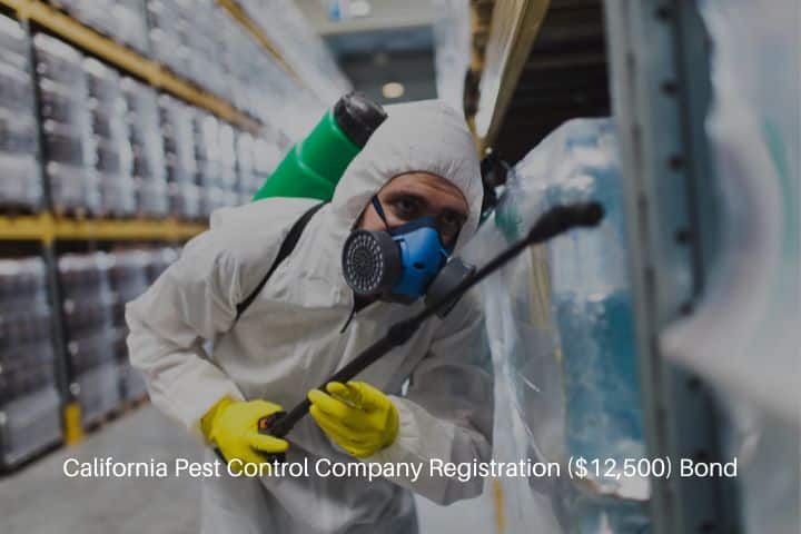 California Pest Control Company Registration ($12,500) Bond - Pest control worker hand-holding sprayer for pesticides in production or manufacturing factory.