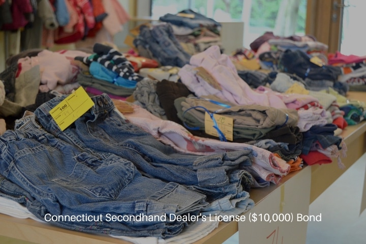 Connecticut Secondhand Dealer's License ($10,000) Bond - Second hand shirts, pants, and shorts in a shop.