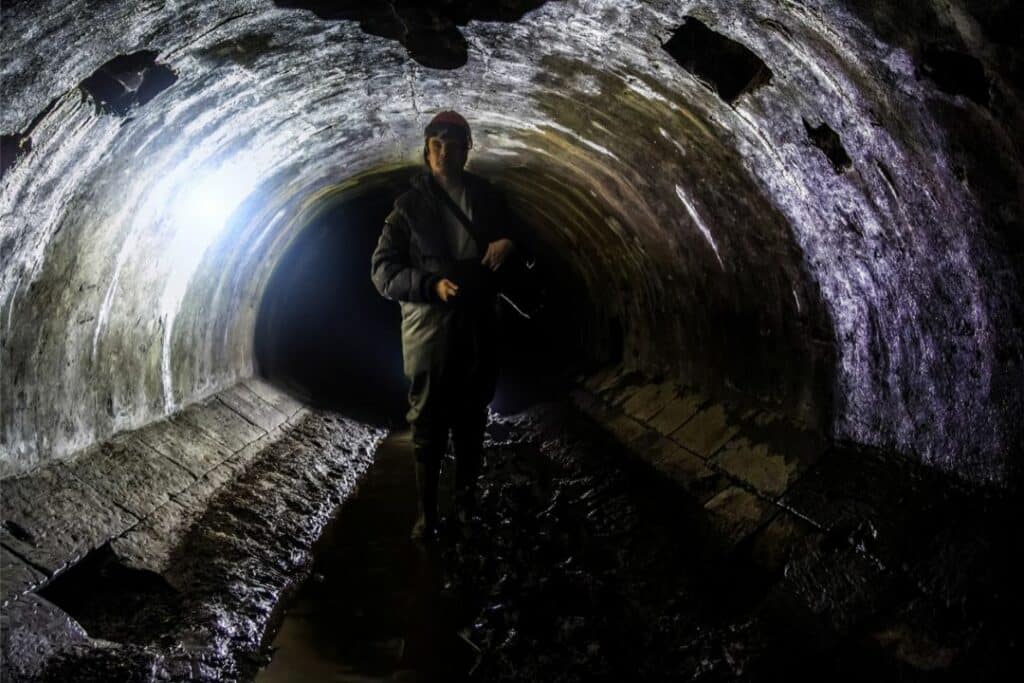 Napa County, CA-Sewer Contractor Bond - Sewer worker in underground sewer tunnel.
