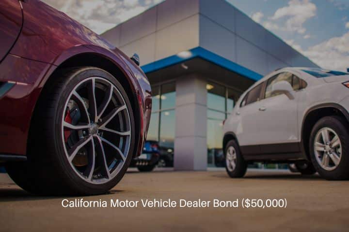 California Motor Vehicle Dealer Bond ($50,000) - Automotive dealership store. New and pre-owned vehicles are in front of the showroom building.