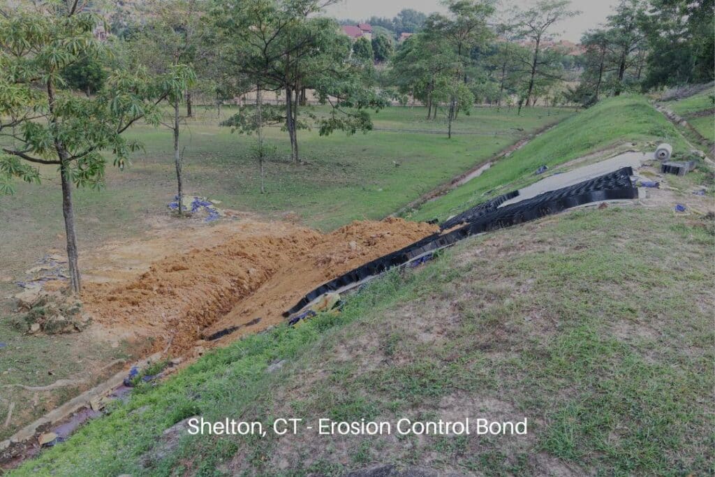 Shelton, CT - Erosion Control Bond - Slope erosion control grids, sheets and earth on steep slope.