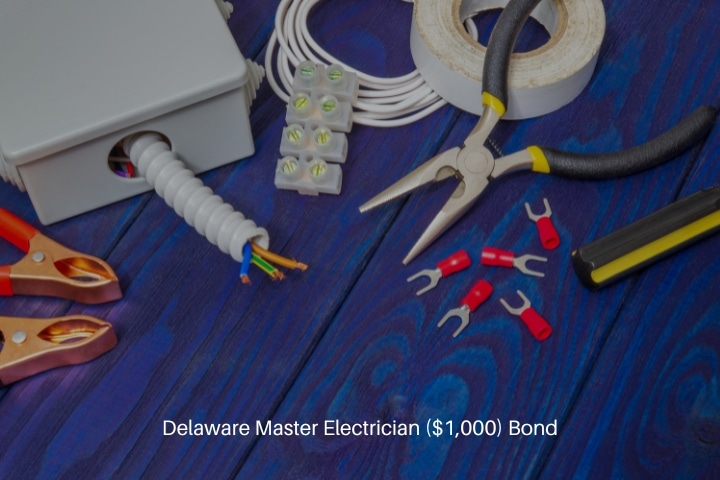 Delaware Master Electrician ($1,000) Bond - Tools and spare parts for electrician on blue wooden boards.