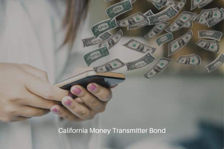 California Money Transmitter Bond - Woman holding the smartphone to transfer money online with paper dollar currency flying.