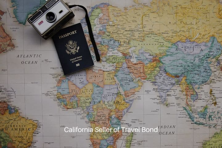 California Seller of Travel Bond - Passport and a vintage camera on a world map.