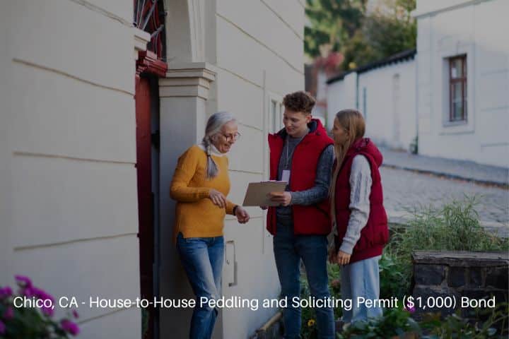 Chico, CA - House-to-House Peddling and Soliciting Permit ($1,000) Bond - Young door to door volunteers taking to senior woman and taking survey at her front door.