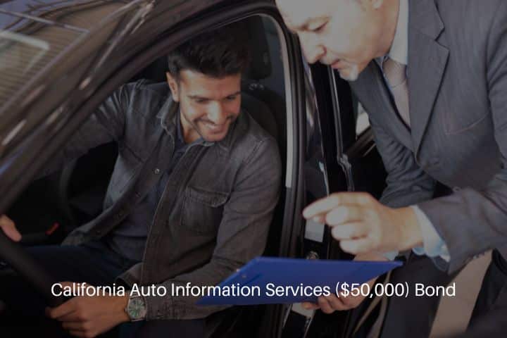 California Auto Information Services ($50,000) Bond - Young smiling man taking a look to car in showroom.