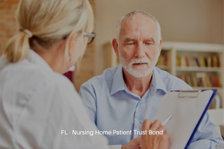 FL - Nursing Home Patient Trust Bond - A female doctor with clipboard interviews a senior man as a patient in the nursing home.