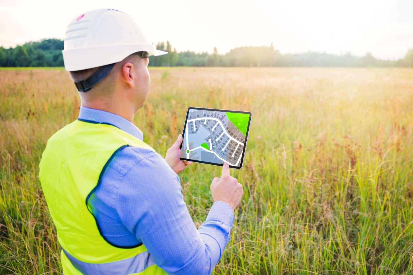 Acworth, GA - Land Development Performance Bond - Architect using a digital tablet with blueprints and surveying a new residential housing building land plot.