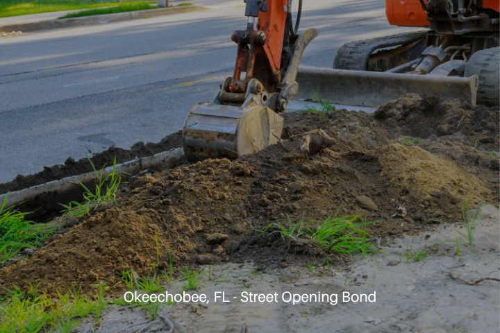 Okeechobee, FL - Street Opening Bond - Backhoe on road work digging cemented road.