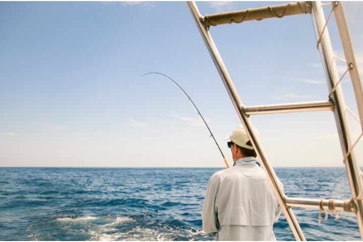 Palm Beach County, FL - Game and Fish License and Permit Bond - Big game fishing with bent rod and hooked fish.