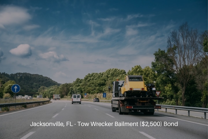 Jacksonville, FL - Tow Wrecker Bailment ($2,500) Bond - Car service transportation concept. Tow truck transporting retro car on highway.