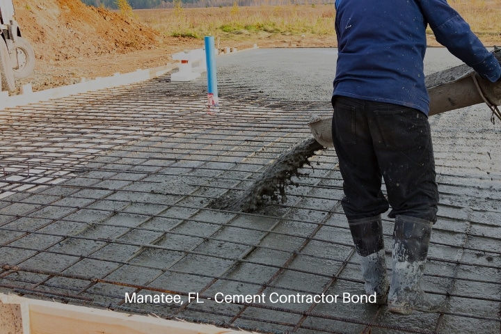 Manatee, FL - Cement Contractor Bond - Concrete casting on reinforcing metal bars of floor in industrial construction site.