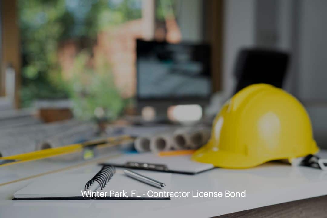 Winter Park, FL - Contractor License Bond - Yellow hardhat, Libella and plans on the white table.