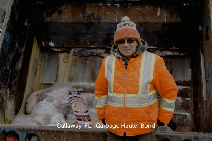 Callaway, FL - Garbage Hauler Bond - Garbage man in uniform near truck with rubbish.