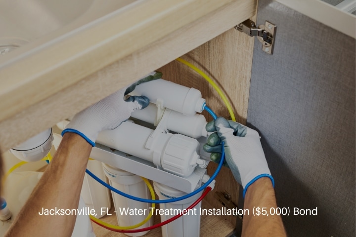 Jacksonville, FL - Water Treatment Installation ($5,000) Bond - Plumber hand in gloves replaces water filter cartridges at the kitchen.