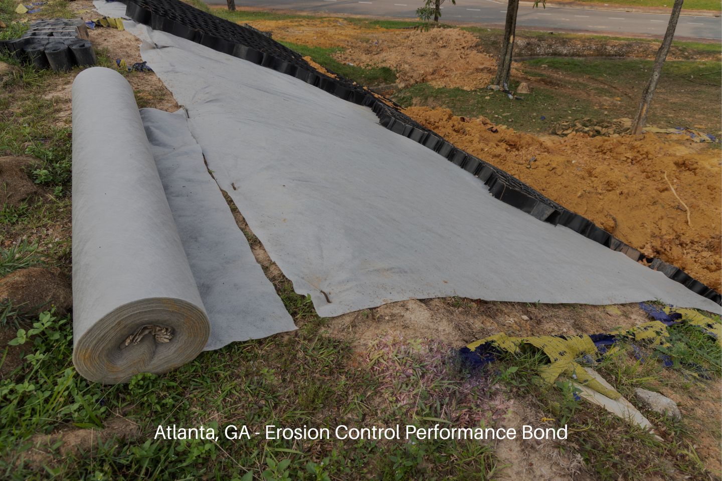 Atlanta, GA - Erosion Control Performance Bond - Slope erosion control grids, sheets and earth on steep lope.