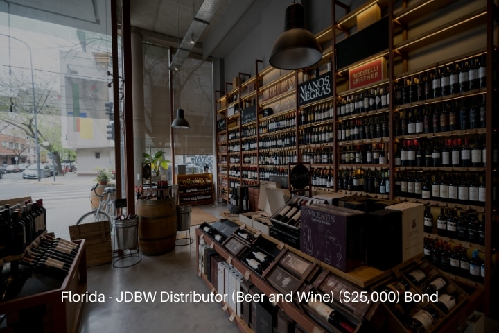 Florida - JDBW Distributor (Beer and Wine) ($25,000) Bond - Wine shop with shelves and stands full of wine bottles.