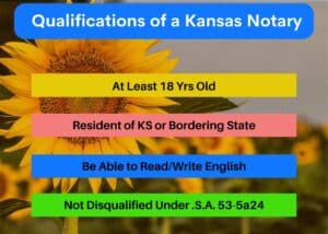 Qualifications of a Kansas Notary. This list the 4 qualifications needed to be a notary in Kansas. In the background are Kansas sunflowers.