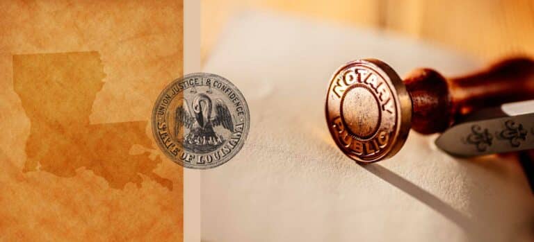 A notary stamp next to the official seal of the state of Louisiana. To the left, an old paper with an image of Louisiana.