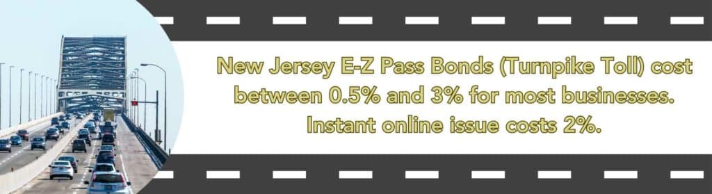 An image of a busy New Jersey Turnpike Road on the left. On the right, the cost of New Jersey E-Z Pass Bonds.
