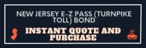 Blue and orange instant purchase button for a New Jersey E-Z Pass Bond. A state of New Jersey on the left and a graphic of a car with a toll tag on the right.