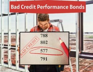 A contractor holding a sign that shows bad credit scores. A red box reads, "Bad Credit Performance Bonds."