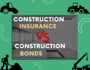 A photo of a building under construction. "Construction Insurance VS Construction Bonds" in the text. In the background are figures representing construction and looking like old spy movies.