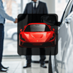 Two men shaking hands at a car dealership in the background. In the middle an oncoming red sports car.