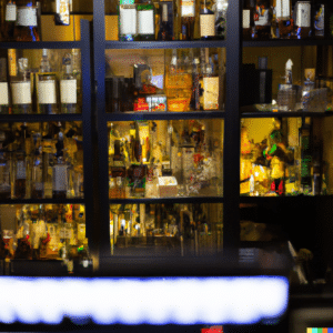 Backlit bottles of liquor in local pub with bond
