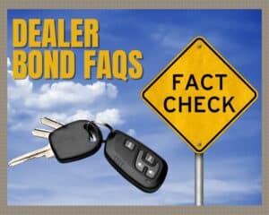 This shows car keys next to a road sign that says, "Fact Check". Deal Bond FAQs in text.