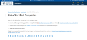 This is an image of the U.S. Treasury 570 Circular website showing surety bond companies approved to do business with the Federal Government.