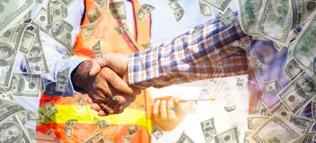 Two contractors shaking hands. Dollars surrounding them.
