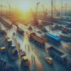 Digital art of a busy construction site at sunrise.