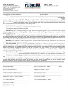 This is an image of a Florida Motor Vehicle Dealer Bond Form for New, Franchised and Used Dealers.