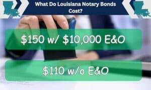 A notary image. The state of Louisiana up top. Text shows the cost of a Louisiana Notary bond with and without E&O.
