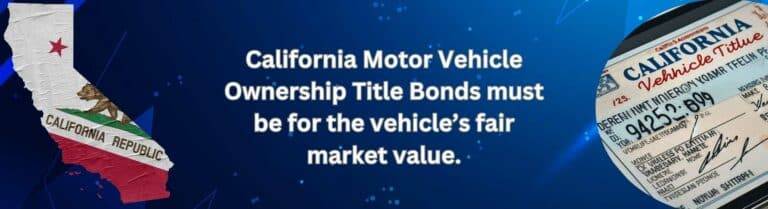 An image of the State of California on the left. On the right, a California Vehicle Title. In the middle, white text showing the required amount of a California Motor Vehicle Ownership Title Bond.