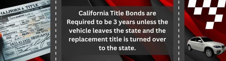 An image of a California car title. To the right, a vehicle and a checked flag. In the middle, text showing the required length of a California Title Bond.