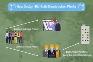 This diagram shows the relationship between the owner, architect, and contractor in a Design-Bid-Build Contract. An image of construction cranes overlaid in the background.