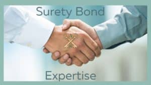 Surety Bond Expertise - Two hands shaking with "Surety Bond Expertise" written. Light blue/green border